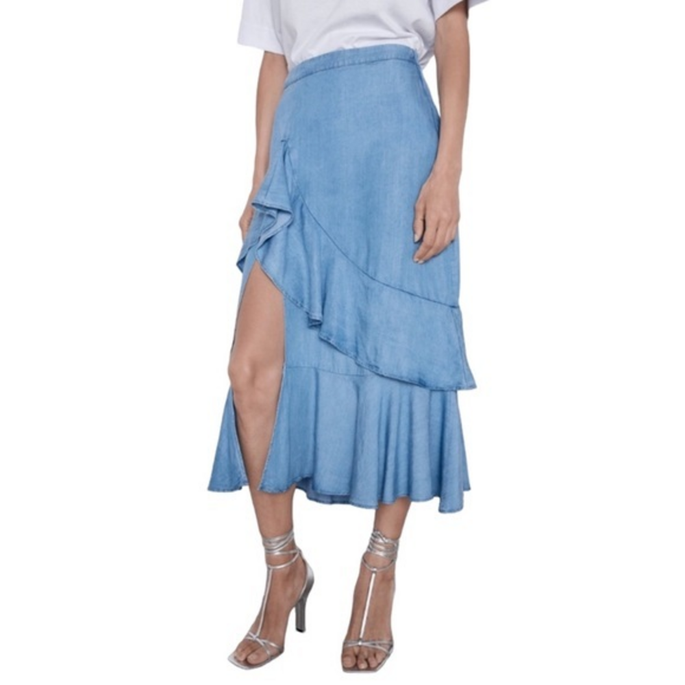 ZARA Blue Chambray Denim Ruffle Western Style Midi Skirt XS‎